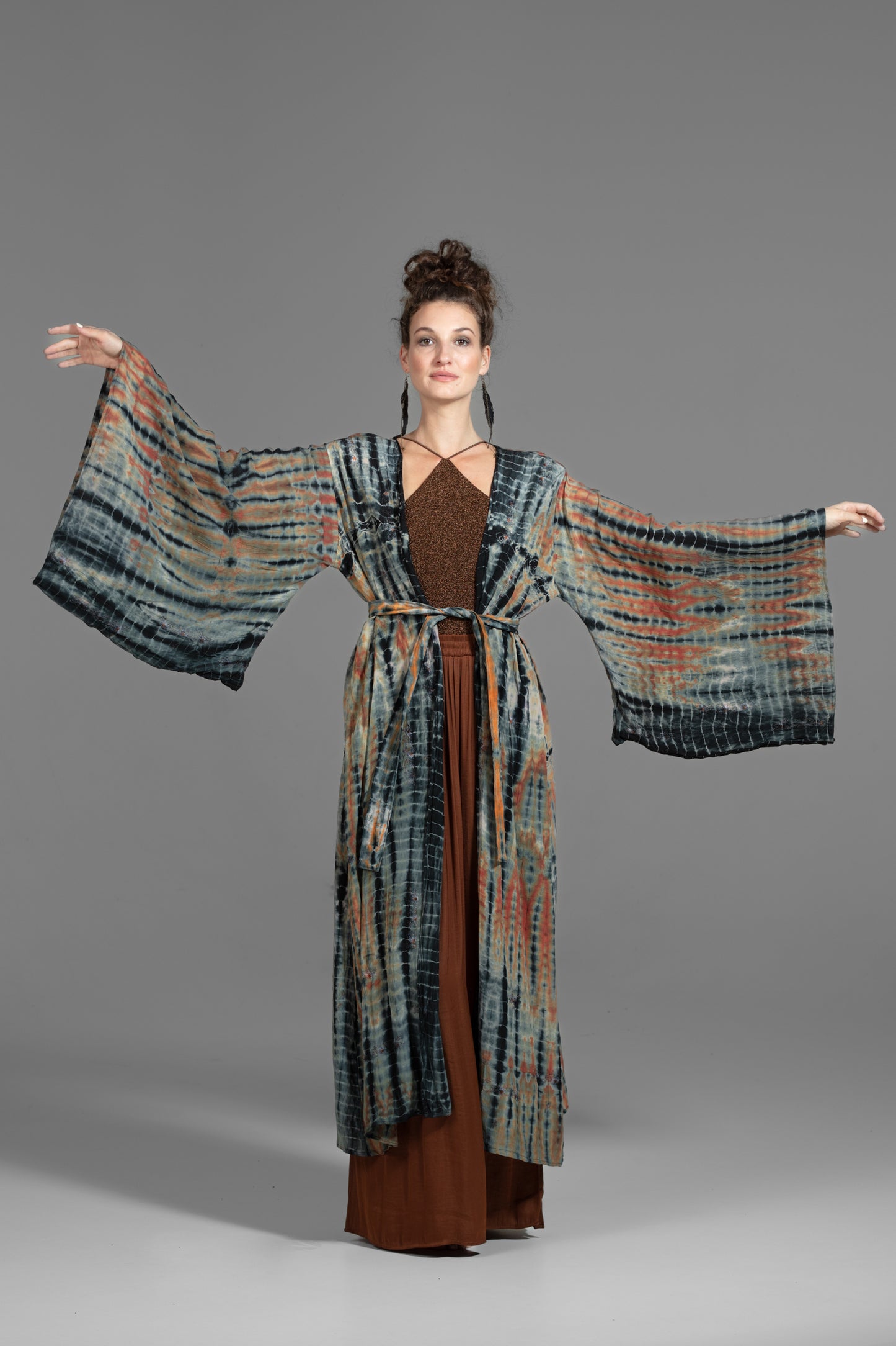 Gaia Kimono Rostgrau-Beige-Schwarz