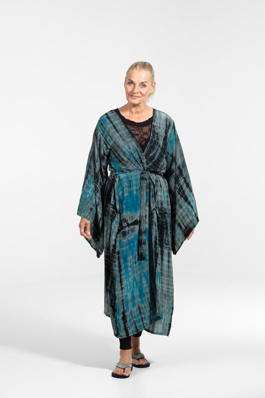 OYA Studio Gaia Kimono – Handcrafted Luxury in Recycled Saree Silk, Grounding Frequency, blue-grey-black