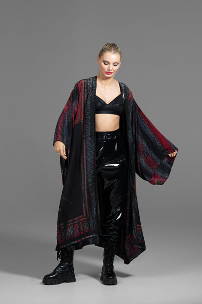 Gaia Kimono red-grey-black patterned