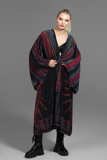 Gaia Kimono red-grey-black patterned