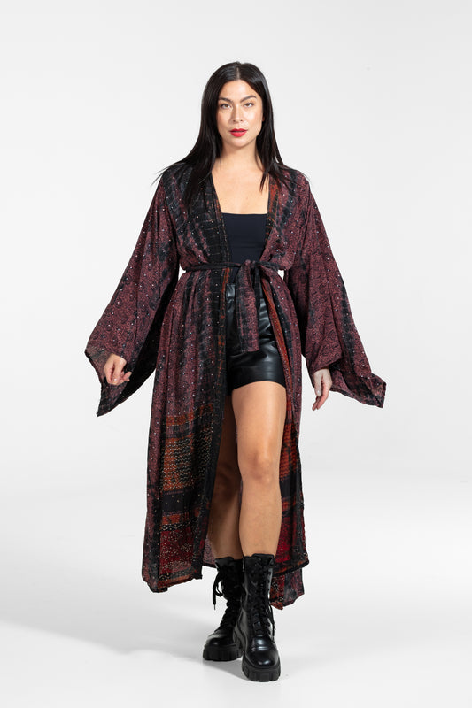 Gaia Kimono gemustert mit asymmetrischen Pailletten bordeaux-schwarz