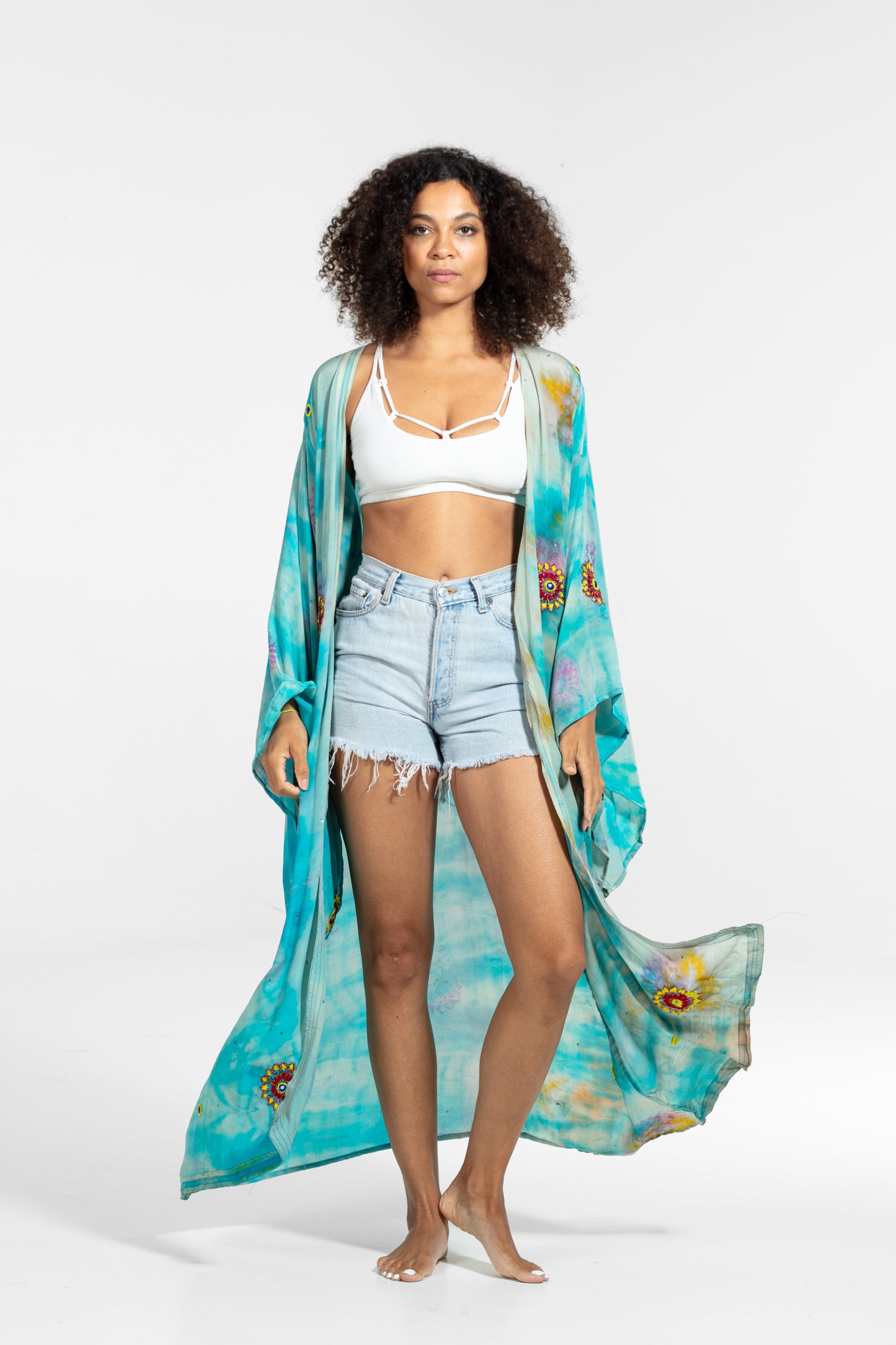 Freya Kimono light blue-yellow-blue asymmetrical embroidered