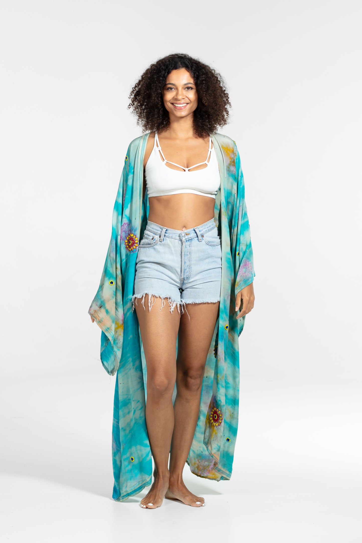 Freya Kimono light blue-yellow-blue asymmetrical embroidered