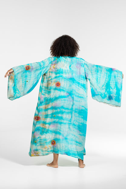 Freya Kimono light blue-yellow-blue asymmetrical embroidered