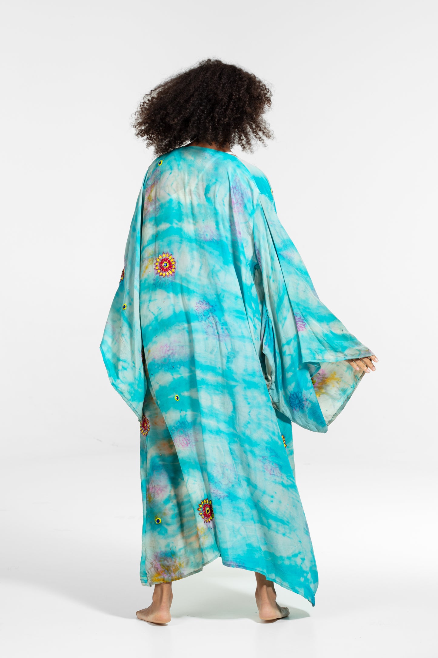 Freya Kimono light blue-yellow-blue asymmetrical embroidered