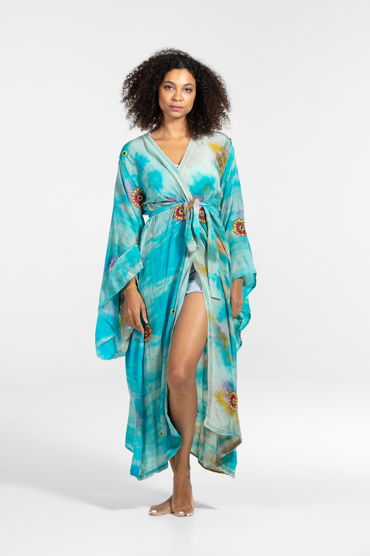 Freya Kimono light blue-yellow-blue asymmetrical embroidered