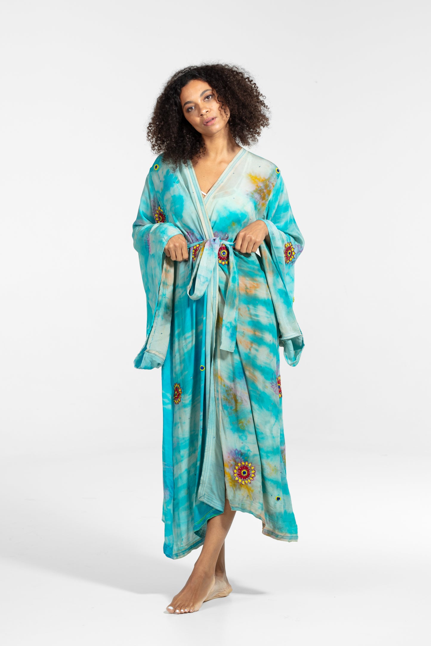 Freya Kimono light blue-yellow-blue asymmetrical embroidered