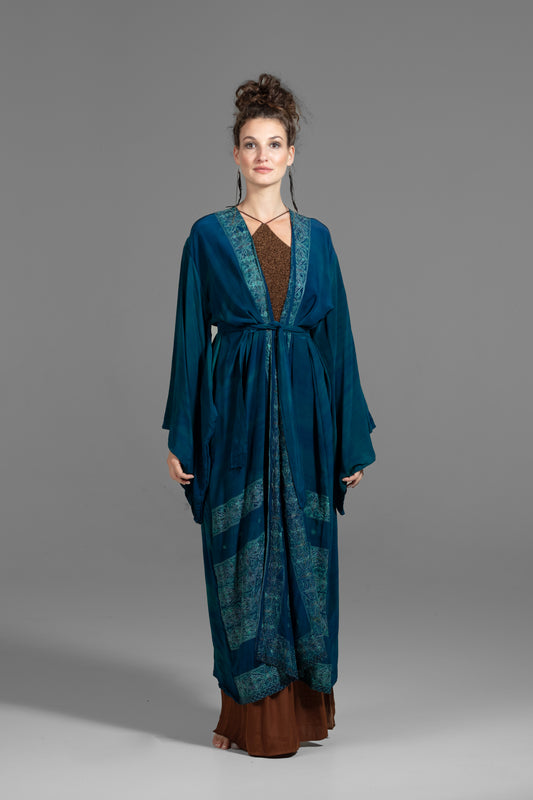 Aura Kimono, bestickt, Petrol