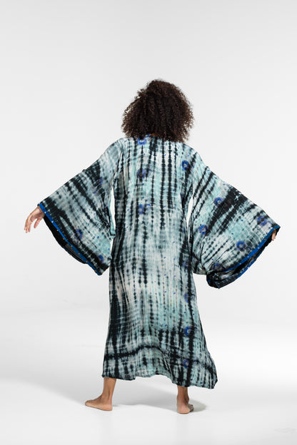 OYA Studio Gaia Kimono – Grounding Frequency, blue-white-black flower, embroideries and sequins