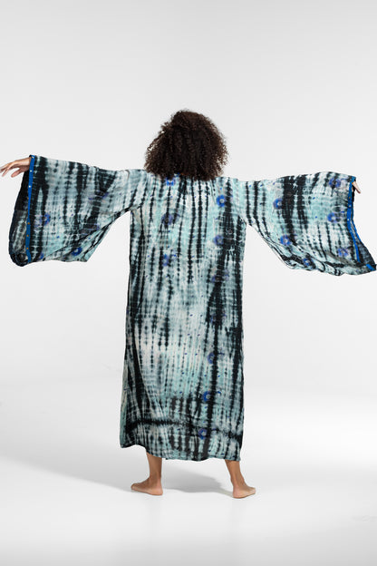 OYA Studio Gaia Kimono – Grounding Frequency, blue-white-black flower, embroideries and sequins